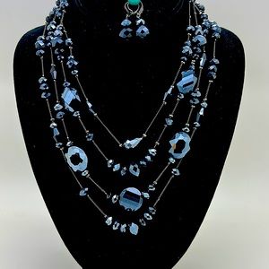Black Cut Glass Beaded Four Strand Necklace w/Matching Dangle Earrings/16”-20”